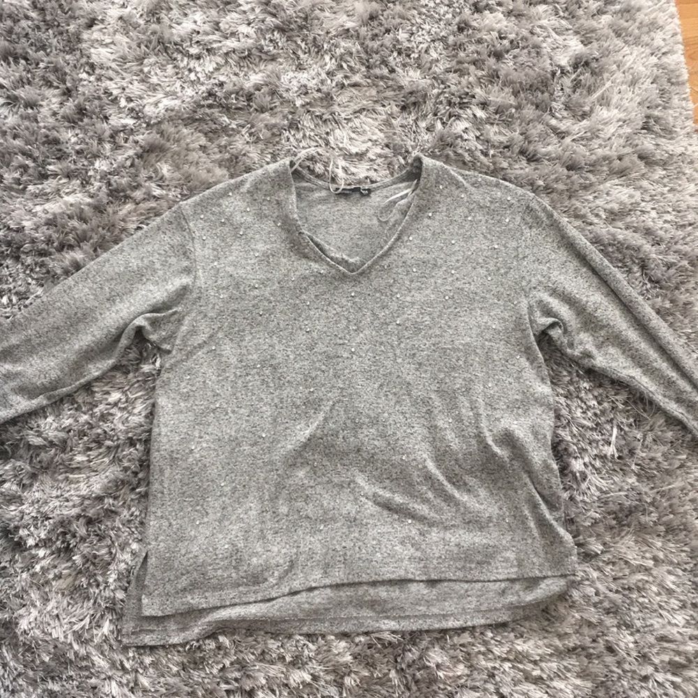 zara v neck gray sweater with rhinestones
